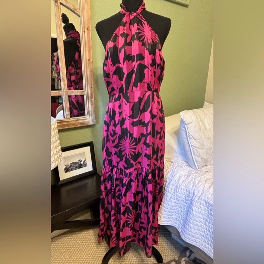 NWT Milly Maxi Dress Size 8 Medium Fuchsia Pink Black floral Halter tie NEW